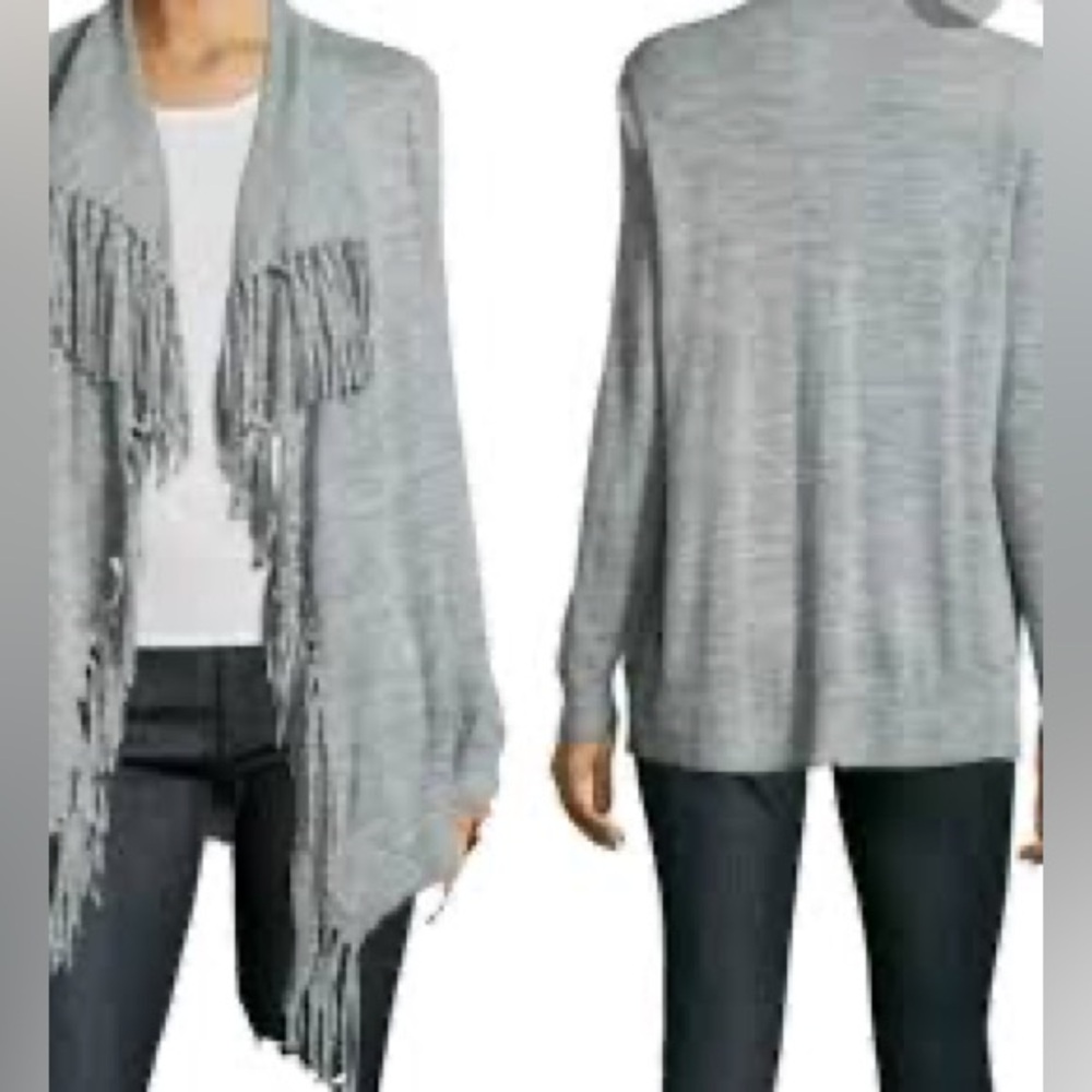 Rebecca Taylor Light Gray Fringe Open-Front Cardigan